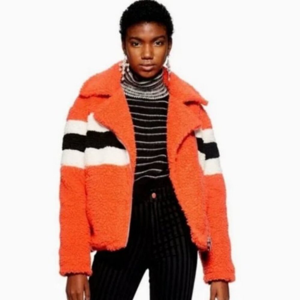 Topshop Petites Orange Teddy Sherpa Fleece Jacket Women Size 0 New With Tags NWT